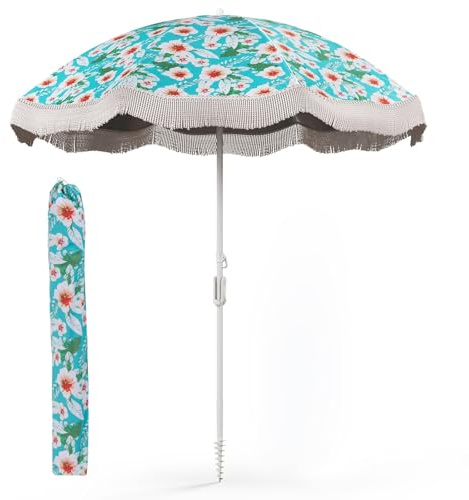 COSTWAY Ombrellone da Spiaggia con Frangia 200cm, Inclinazione a Pulsante, 8 Costole Robuste, Borsa Trasportabile, Design Vintage Resistente per Giardino e Mare