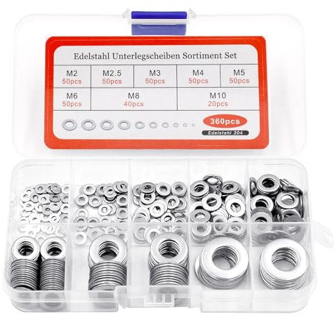 360 Pcs Flat Washer, Stainless Steel Washers for Bolts, 8 Sizes Metal Washers for Screws M2-M10, Home Automotive Shop Factories Repair Construction