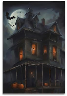 ZZBYMX Halloween-Poster, Kürbislaternen vor Holzhäusern, Poster, dekorative Malerei, Leinwand, Wandposter und Kunstdruck, moderne Familienschlafzimmer-Dekoration, Poster, 20 x 30 cm
