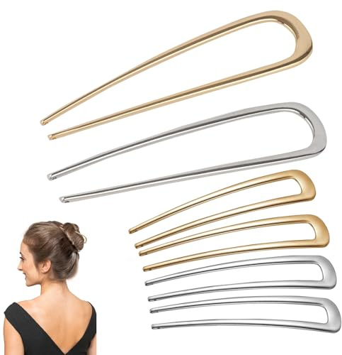 6Stks Épingles à Cheveux Françaises en Métal Set, 2 Tailles Pique à Cheveux en Forme de U Dorée/Argentée, Fourchette à Cheveux à Double Broche Élégante pour Chignon Femmes Filles