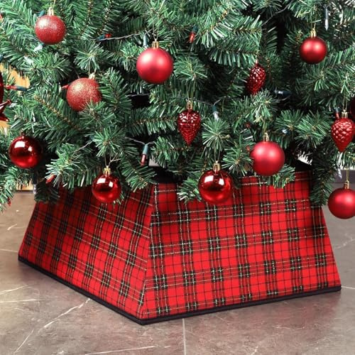 Xmas Christmas Tree Rattan Wicker Skirt | Stand Base Basket Cover | Decorative Holiday Tidy Decor | Stylish Christmas Tree Base Cover for Home Festive Charm (Red & Black Plaid)