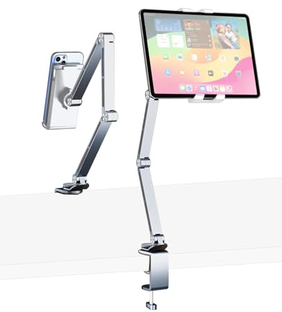 VIKOBESS Surfplattehållare bord – iPad-hållare bord 360° justerbar långärmad surfplattehållare säng iPad-hållare skrivbord surfplattehållare bord för iPad Pro Air Mini 4,7–15,4 tum surfplatta (silver)