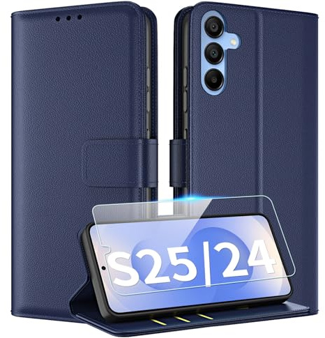 TQIAHF Fodral för Samsung Galaxy S25 5G/S24 5G Fodral med Härdat Glas Läder Flip Plånbok Korthållare Flip Plånbok Stötsäkert Telefonfodral, Mörkblå
