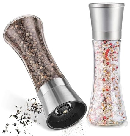 Juego de 2 molinillos de sal y pimienta, molinillo de especias de acero inoxidable con mecanismo de cerámica ajustable, molinillo manual de sal marina y pimienta para moler sal, pimienta y especias