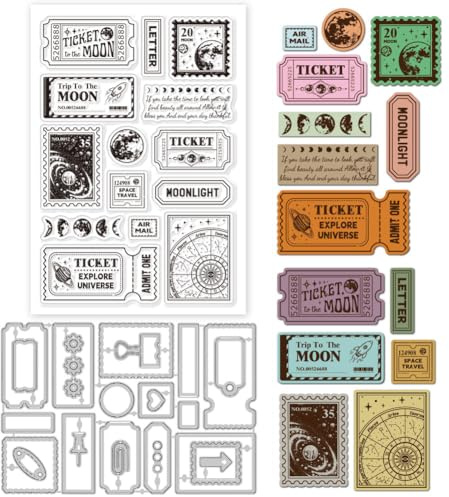 GLOBLELAND Retro Tickets Silikonstempel Metall Stanzformen Malschablonen Für Die Kartenherstellung Briefmarken Stempel Stanzformen Sternsystem Mond Schablonen Set Für DIY Scrapbooking Kunsthandwerk
