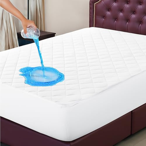 BEST LINEN 100% Waterproof Quilted Mattress Protector Cover 100% Microfiber Super Soft Diamond Pattern Quilted Anti Allergenic Fitted Bed Covers 35 Cm Deep Skirt (White, Double)