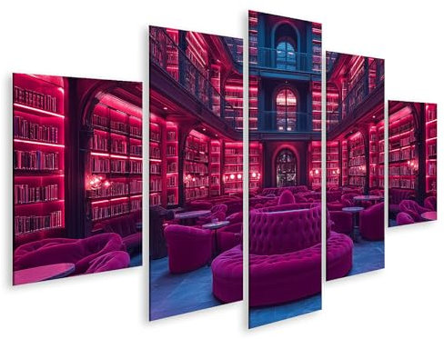 islandburner Bild auf Leinwand Neon beleuchtete Luxusbibliothek in purpurfarbenen Tönen Bilder Wandbilder Poster