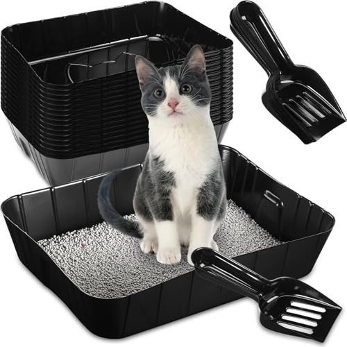 Bokon 50 Pcs 25 Set Disposable Litter Boxes for Cats with Scoop 15.7 x 11.8 x 3'' Plastic Cat Litter Tray Large Kitten Pan for Kitty Rabbit Guinea Pig Hamster Pets Supplies Travel Home Toilet(Black)