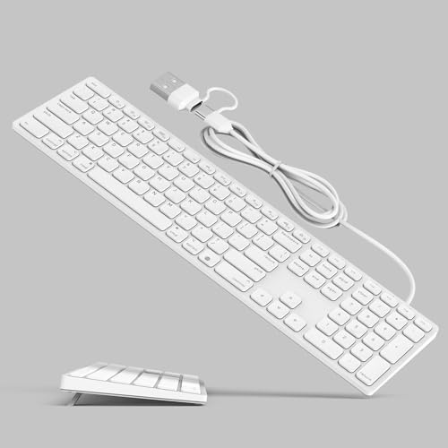 Clavier filaire pleine taille pour appareils Mac OS – Béquille pliable, connexion par câble dans port USB-A + C, clavier USB Plug-N-Play avec pavé numérique pour Apple iMac/Mac mini/MacBook ordinateur