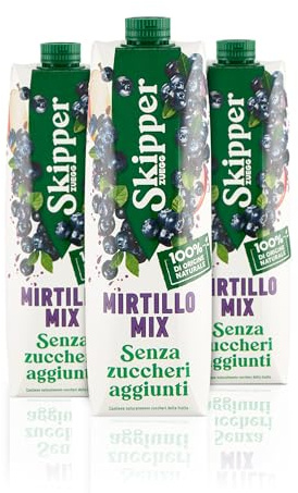Zuegg Skipper Succo di Frutta Mirtillo Mix Senza Zuccheri Aggiunti, Bevanda a Base di Mela e Mirtillo - 55% Frutta, 100% Ingredienti di Origine Naturale (3x1L)