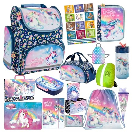 Goldkids - Schulranzen für Jungen und Mädchen, 15er-Set - Schul-Rucksack für Kinder mit Federmäppchen - Schuhbeutel Trinkflasche und Brotdose - Einhorn Motiv - 1-3 Klasse