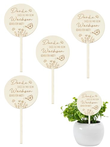 JUKOTA Lot de 4 piquets de fleurs en bois avec inscription « Danke dass Du Mir zum Wachfen Hich Beim Wachfen Hast » - Piquet en bois pour crèche, maternelle, cadeau d'adieu, éducateur, cadeau-B