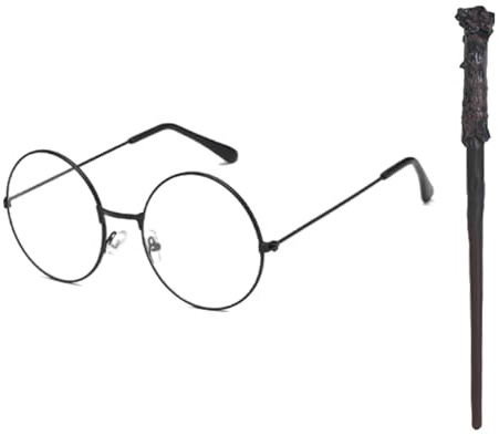 SSKHE Wizard Costume Accessories Set – 2 Pack Vintage Round Black Glasses & Magic Wand, Wizard Costume for Kids and Adults, Magician Costume Set for Halloween, Cosplay, Parties, School Events