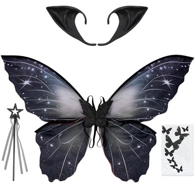 PartyforU 4 Stück Feen Schmetterling Kostüm Damen, mit Feenflügel, Elfenohren, Zauberstab und Gesichtstattoo für Karneval