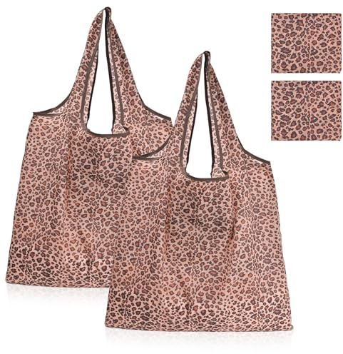 LEHEEYWT 2 Pcs Foldable Shopping Bag, Leopard Print Tote Bag, Large Reusable Shopping Bags for Daily Use