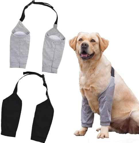 Powerruif 2 stycken Recovery Sleeve hund, armbågsbandage hund liggsvinnar hund Euioovm husdjur knäskydd för medelstora och stora hundar förhindrar läckage av sår (svart grå XXL)