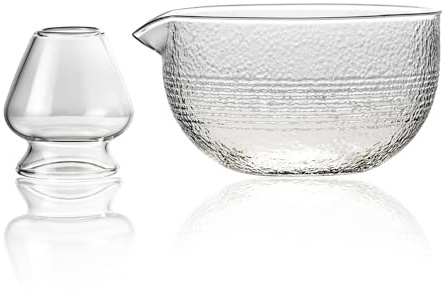 CAZAGA Matcha Bowl and Whisk Holder Set, 18 oz Glass Matcha Bowl with Spout, Japanese Ceremonial Mixing Chawan, Clear Traditional Matcha Kit, Cute Salad Mixing Bowl Cup-2pcs