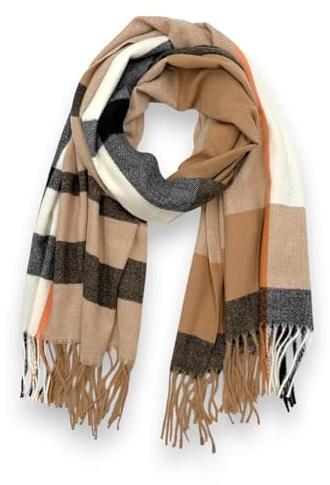 Damen Schal XXL Winterschal kariert Karo Halstuch Poncho kuschelig übergroßer Oversized Herbst Winter warm Plaid Elegant 178x70cm (Karamell-Schwarz)