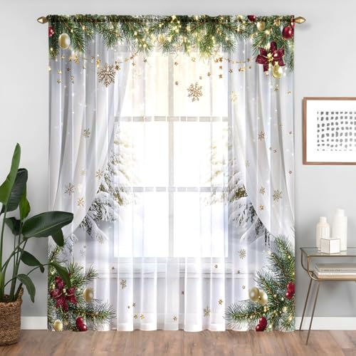 Lukery Vorhänge Wohnzimmer 2er Set 3D Weihnachten Scheibengardinen Lang Halbtransparent Gardinen Vorhänge Durchsichtig für Küche Fenster Wohnzimmer Landhaus (grün,132x213cm)