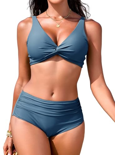 FemiChic Costume Donna Due Pezzi Bikini Bagno Push Up Curvy con Vita Alta in Tessuto Morbido per Spiaggia Piscina e Viaggi Estivi(Blu,XXL)