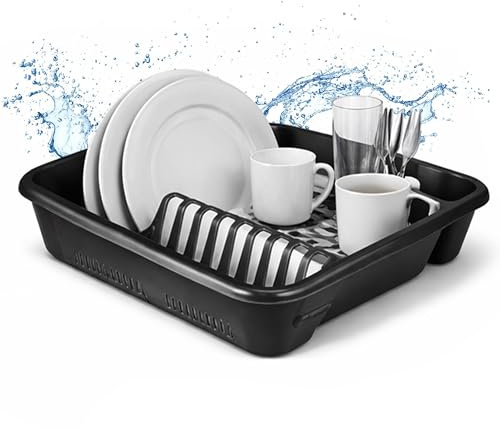 Ploutos World Wide Plastic Kitchen Sink Dish Drainer – Cutlery, Plate & Cup Drying Rack, Countertop Drainer Holder with Removable Cutlery Section, Durable Sink Drip Tray Organizer (Black)