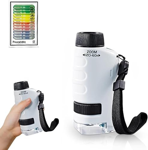 Microscope Portable pour Enfant 2026 - MiniScope de Poche 60x à 120x, Jouet Scientifique Éducatif pour Petits Scientifiques et Expériences, (Blanc)