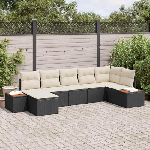 Kaloriko Trädgårdssockset med kudde, 7 delar, svart och kräm, poly rotting, modulär utomhus loungesoffa för terrass, balkong, trädgårdsmöbler
