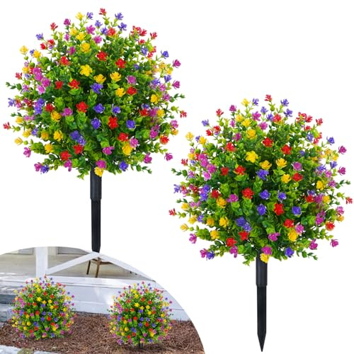 2Pcs Artificial Boxwood Topiary Balls Trees with Flowers 21.6 inch Artificial Plants Trees Outdoor with Ground Spike UV Resistant Fake Plants Faux Camellia Shrubs for Porch Garden (Multicolor)