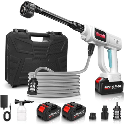Ykall Akku-Hochdruckreiniger 48V mit 2 Akkus, 6-in-1 Düse & 5m Schlauch | 48V, 2×4Ah Akku – 25-30 Min. Laufzeit. 6-in-1 Düse, Filter & 5m Schlauch. Leicht & tragbar für Auto, Terrasse, Garten.