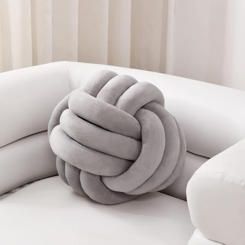 Soft Knot Ball Plush Pillow, Round Throw Pillow Cushion, Handmade Grey Plush Pillow (20cm,Grey)