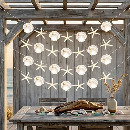 Beach Seashell Starfish Garlands Nautical Coastal Paper Garland Banner | Ocean Themed Decorations for Mermaid Birthday Party Baby Shower and Wedding Supplies