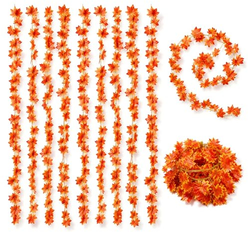 Lot de 12 Feuilles d'érable d'automne Guirlande, 2,3m Guirlande d'érable Automne Suspendu Vignes, Feuilles d'automne, Decoration Automne pour Thanksgiving, Halloween, Cheminée, Décoration de Noël