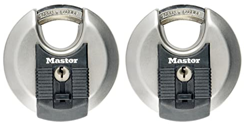 MASTER LOCK Pack of 2 High Security Disc Padlocks, Security Level 8/10, Outdoor, Keyed, Stainless Steel, Weatherproof, Shrouded Shackle
