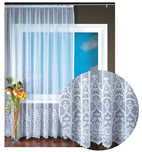 Felicitas - Cortina jacquard con banda universal de encaje, diseño floral, color blanco, 500 x 245 cm