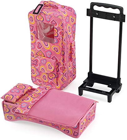 Emily Rose 14 Inch Doll Travel Carrier Backpack - Pink Hearts Design with Wheeled Trolley, Removable Bed & Bedding - Compatible with Wellie Wishers - USA Brand - Carier for Dolls 14 - 15 ONLY