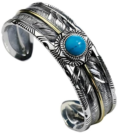 TIZIKJ Herren Feather Open Armreif mit Türkis Indianer Breite Feder Silber Ethnic Armlet Vintage Armmanschette