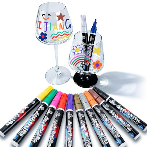 IJIANG Wine Glass Markers 12 Colors, Acrylic Paint - (Non-Toxic, Odorless, Eco-Friendly & Quick-Drying) Wine Glass Pens for Parties, Weddings and Ceramic Bowls - Drink Markers Pen