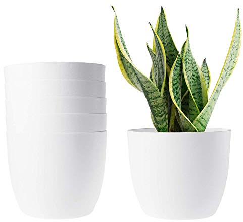 T4U 15CM Plastic Plant Pots, Self Watering Plant Pots Set of 6, Flower Pots for Indoor Outdoor, White Plastic Planters for Plant Flower Aloe Herbs