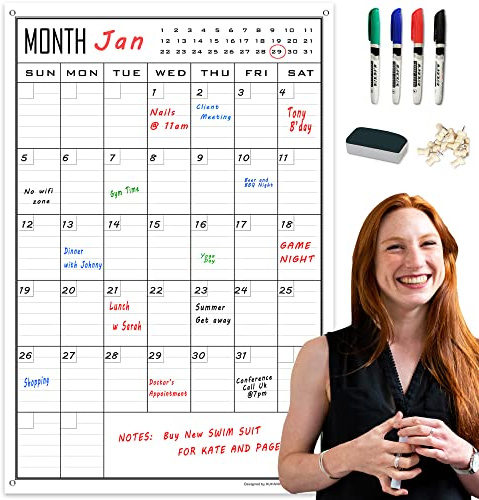 Large Dry Erase Calendar For Wall Monthly,24x36 Inch Big Vertical Blank White Board Calendar Fit to Narrow Wall,Giant Laminated Erasable 30 Day Schedule Planner Poster for Family,Office,Classroom