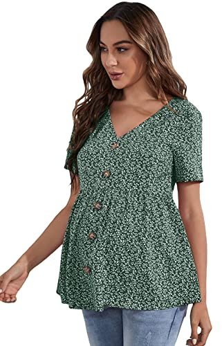 Floerns Women's Maternity Casual Summer Spring Vacation Ruffle Flowy V Neck Short Sleeve Button Front Peplum Blouse Top A Green Large