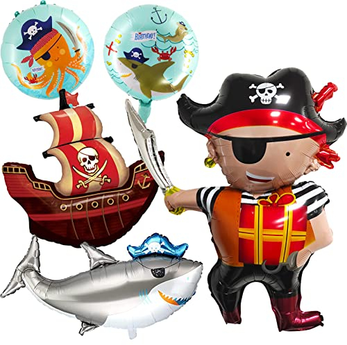 5 Stücke Piratenschiff Ballon,Piraten Geburtstagsdeko,Ozean Tiere Hai Helium Luftballon,Piraten Thema Folienballons,Kinder Piraten Folienballon, Kindergeburtstag Piratenparty Dekoration