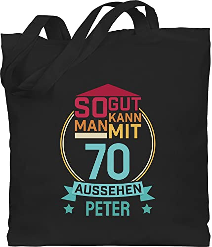 Geschenk mit Namen personalisiert by Shirtracer - Baumwolltasche - 70. Geburtstag - So gut kann man mit 70 aussehen - eigener Name zum Siebzigsten - rot blau