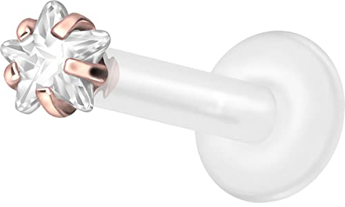 PIERCINGLINE PTFE Labret mit Gewinde + Titan Aufsatz EINGEFASSTER KRISTALLSTERN Piercing Lippe Nase Ohr Helix Tragus Medusa Roségoldfarben 1,2 x 5 mm