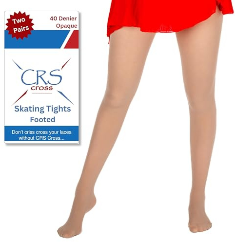 CRS Cross Skating Tights. 2 Pair of Footed Opaque Figure Skate Tights. Sheer 40 Denier Performance. Figure Skate Competitions, Ice Skating Practice, and Dance. (Women Medium Suntan)