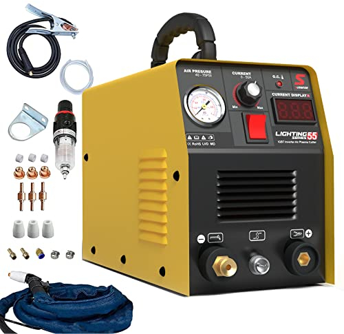 SUSEMSE Plasmaschneider 55 Ampere IGBT Inverter Plasma Cutter CUT55 Plasma Schweißgerät (DC, 230V, Schneidstrom 20-55A, Schneidleistung max bis 14mm) - mit Plasmabrenner und Plasma Düsen Set