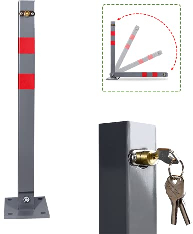 Tubiaz 1 Stück Parkplatzsperre Parkpfosten Klappbar Absperrpfosten mit 3 Schlüssel, Parkplatzsperren mit Reflexstreifen, Robust und Stabil Sperrpfosten