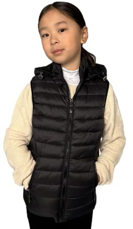 tex leaves Unisex vadderad väst för barn med avtagbar huva, Svart, 8 år