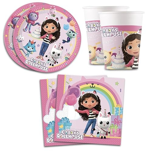 Decoraparty DP-A66164R Geburtstagsset Gabby's Dollhouse, Set Geschirr Dekoration Tischdekoration für Party Karneval Halloween Thema Kinder, 8 Teller, 20 Servietten, 8 Becher für bis zu 8 Personen