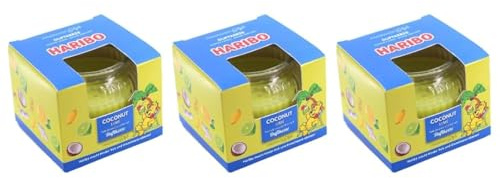 HARIBO 3 stycken doftljus i glas, kokosnöt lime doftljus i glas, kokos, presentset, doftljus, gåva, semester, semesterkänsla, 85 g, 20 h brinntid