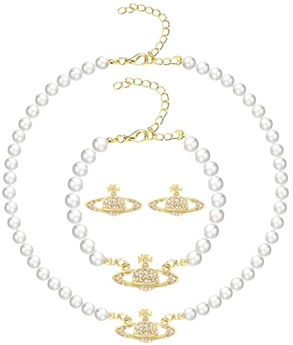 3 Stück Perlenkette Damen, Ohrringe, Saturn Perlenkette mit Anhänger Set | Künstliche Saturn Perlenkette mit Anhänger, Perlenkette Damen, Armband und Ohrringe, Geschenk für Mädchen, Frau und Liebhaber
